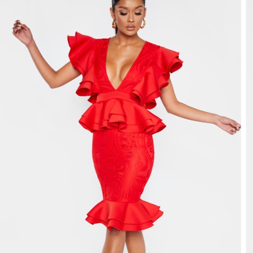 Red Ruffle Detail Plunge Midi Dress - NWT